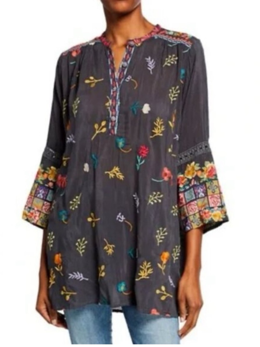Johnny Was Tazanna Floral Embroidered Tunic w Needlepoint Cuff Detail Large